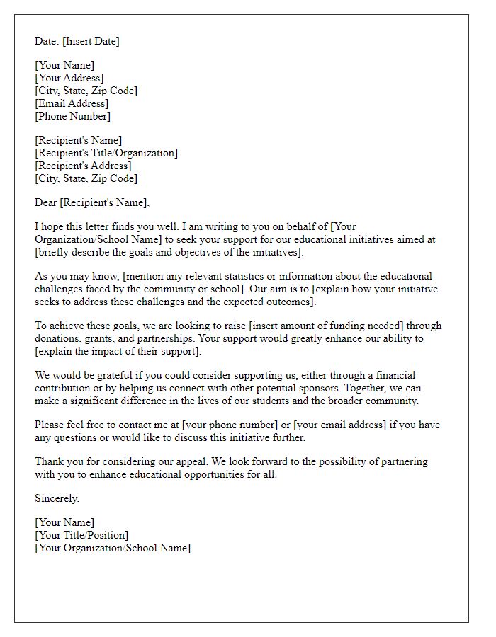 Letter template of appeal for support for educational initiatives