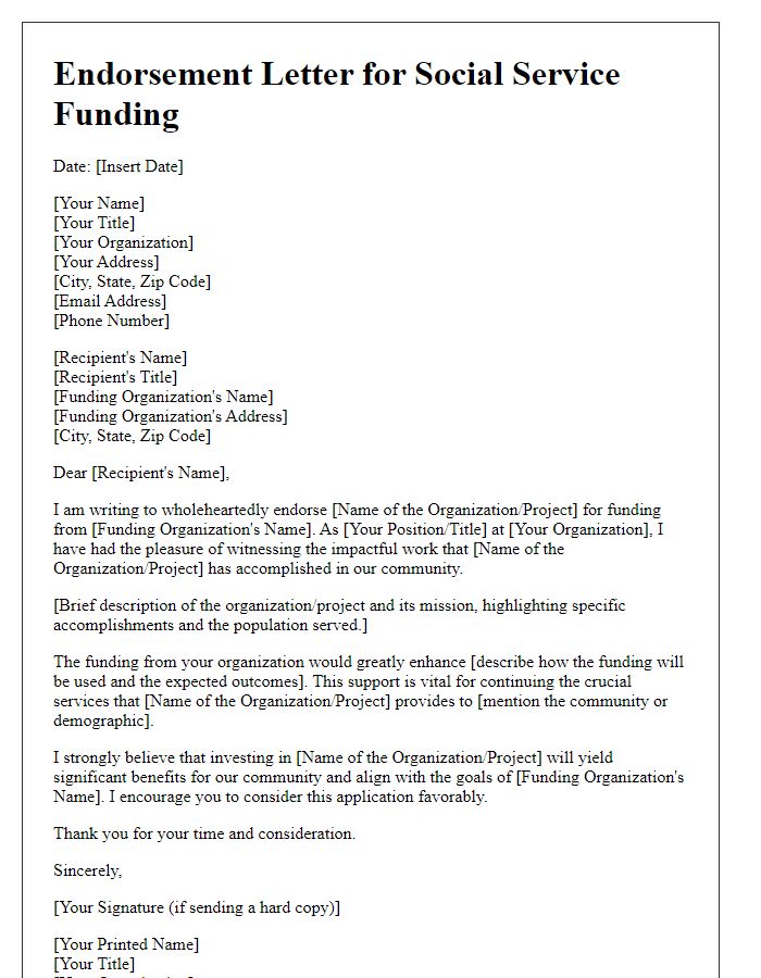 Letter template of endorsement for social service funding