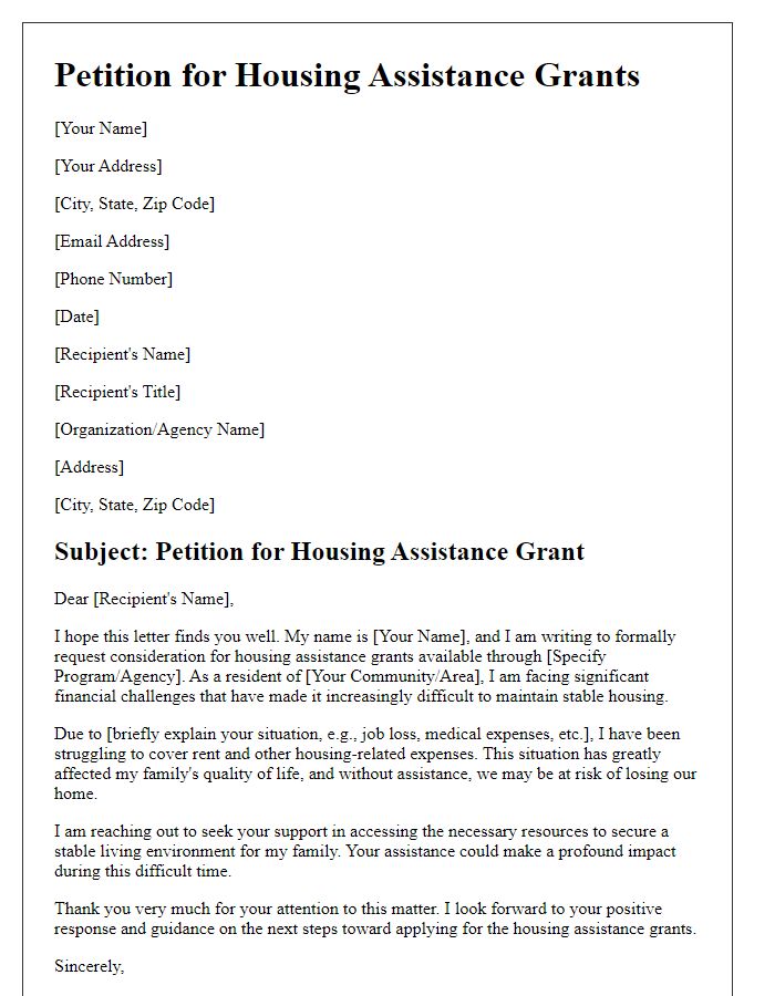 Letter template of petition for housing assistance grants