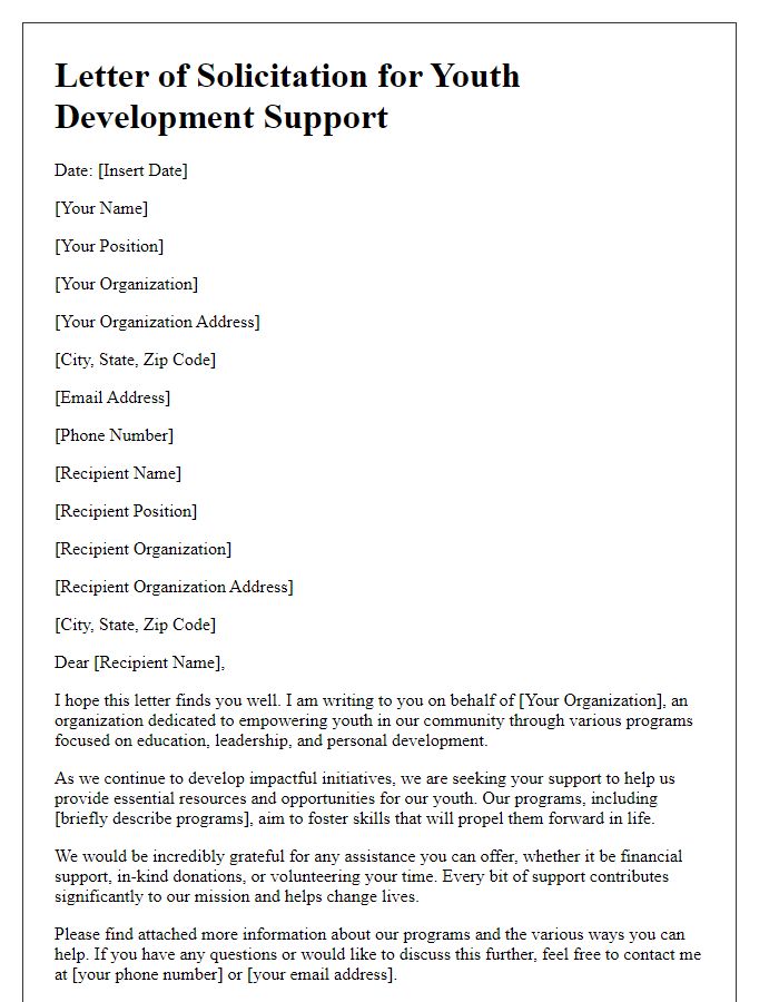 Letter template of solicitation for youth development support