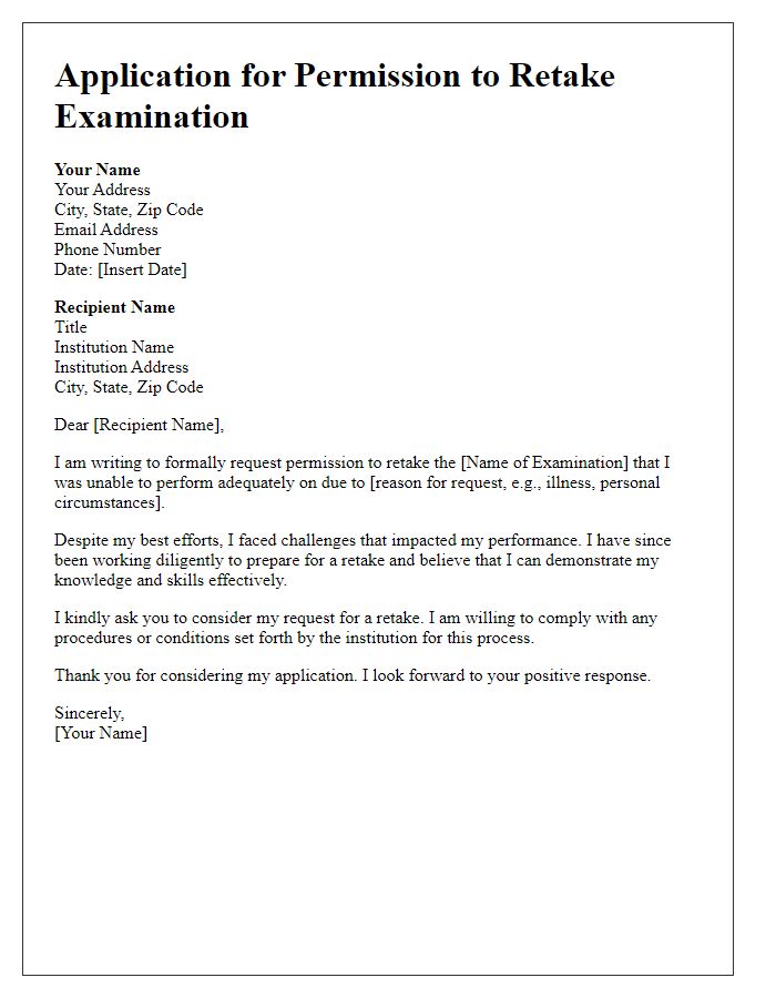 Letter template of application for permission to retake an examination