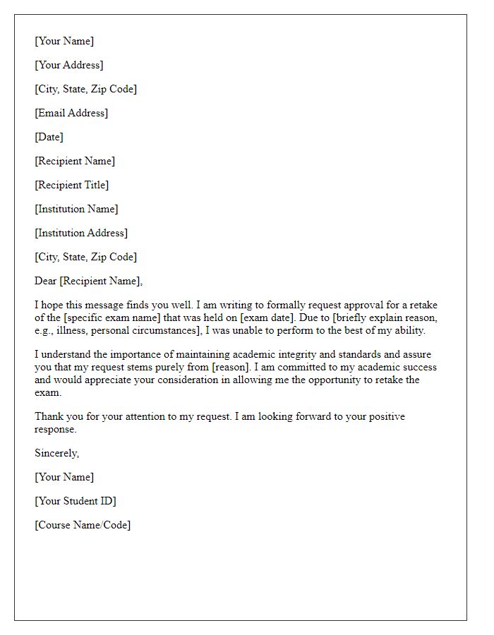 Letter template of formal request for exam retake approval