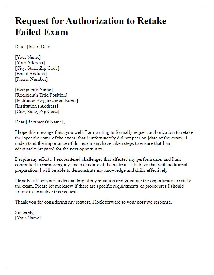 Letter template of request for authorization to retake a failed exam