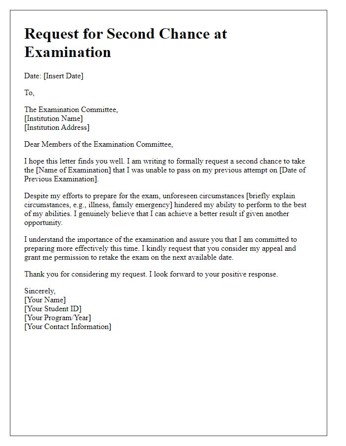 Letter template of request for second chance at an examination