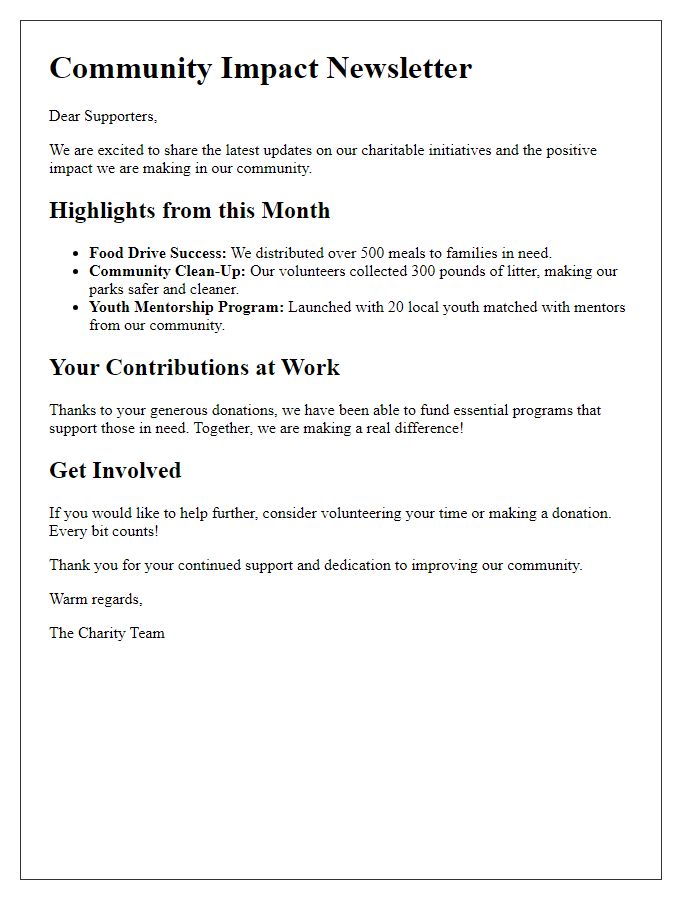 Letter template of charity newsletter discussing community impact