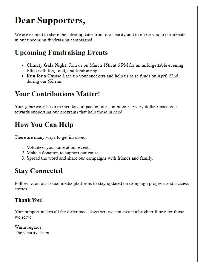 Letter template of charity newsletter promoting fundraising campaigns