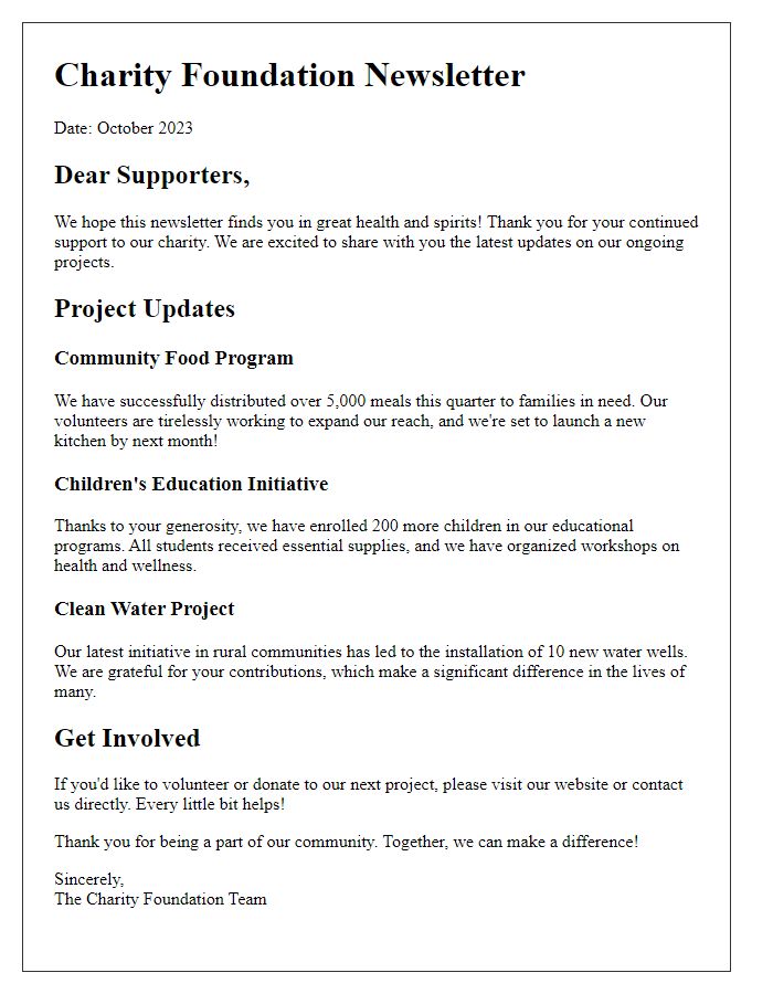 Letter template of charity newsletter providing project updates