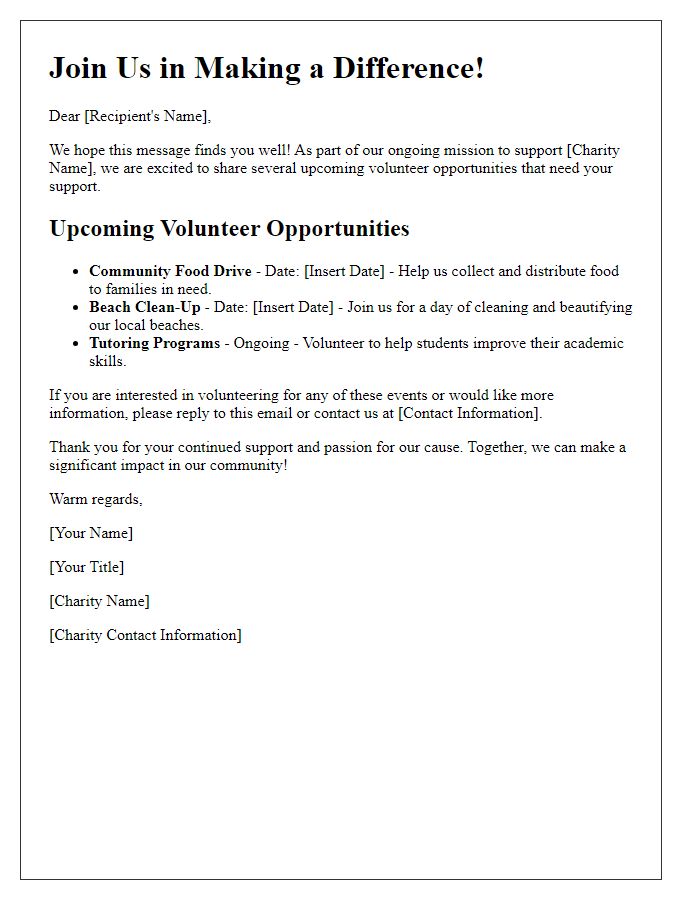 Letter template of charity newsletter sharing volunteer opportunities