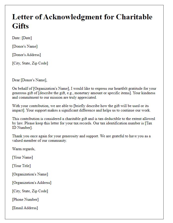 Letter template of acknowledgment for charitable gifts