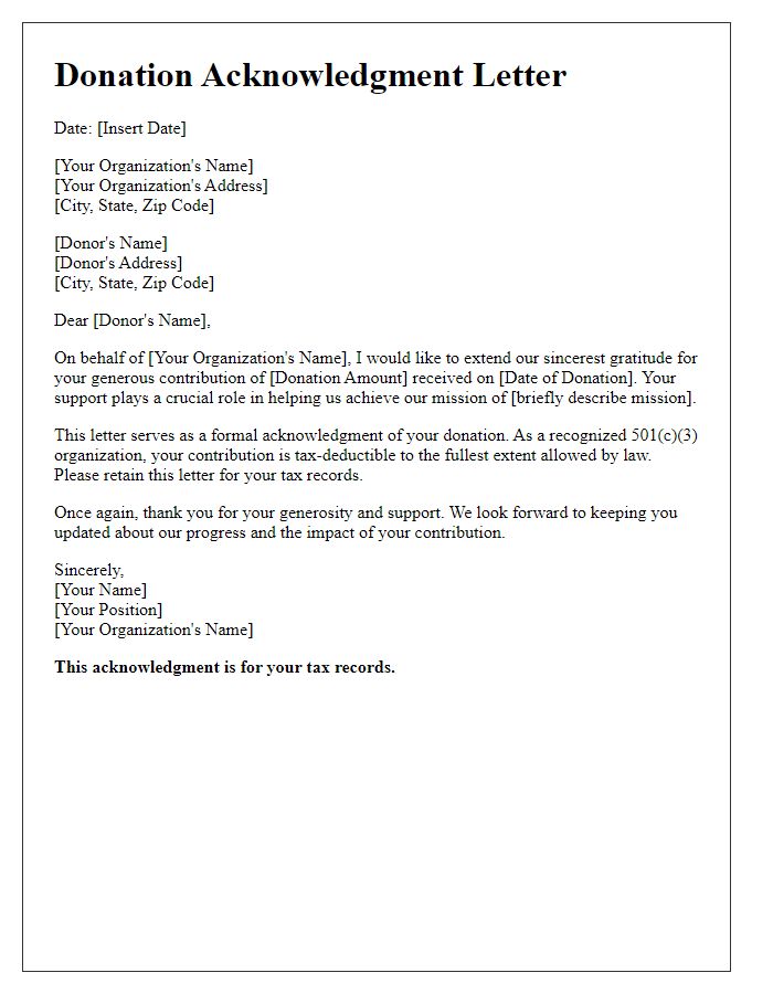 Letter template of official donation acknowledgment for tax purposes