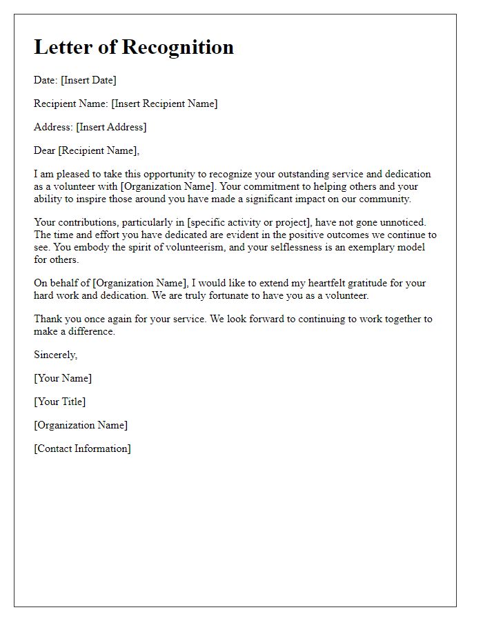 Letter template of recognition for outstanding service in volunteering