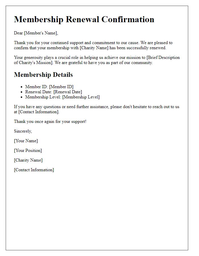 Letter template of charity membership renewal confirmation