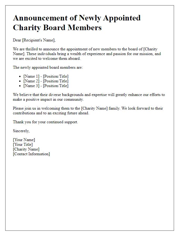 Letter template of announcement for freshly appointed charity board.