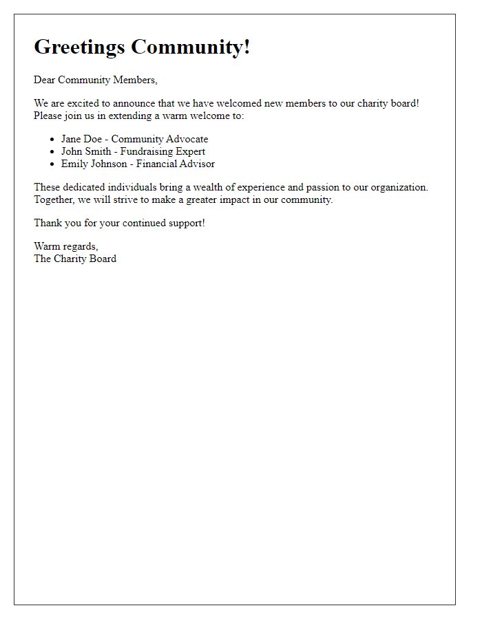 Letter template of greetings to community about new charity board members.