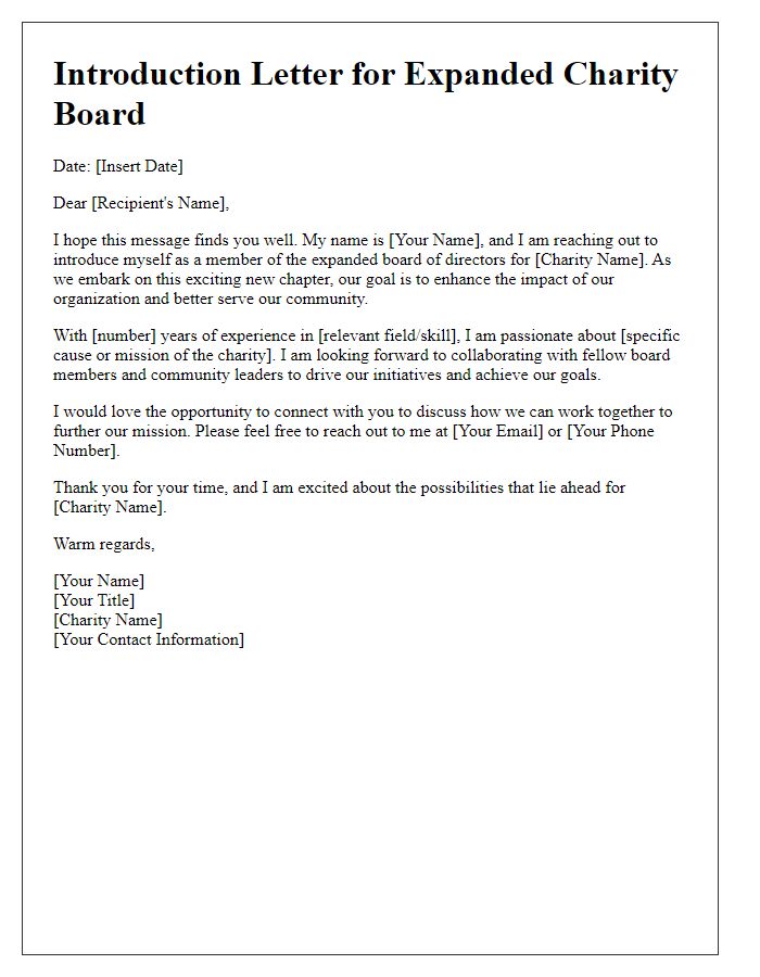 Letter template of introduction for expanded charity board.