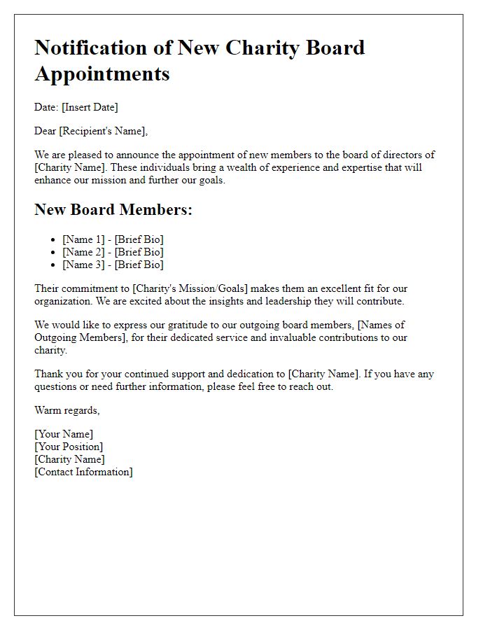 Letter template of notification regarding new charity board appointments.