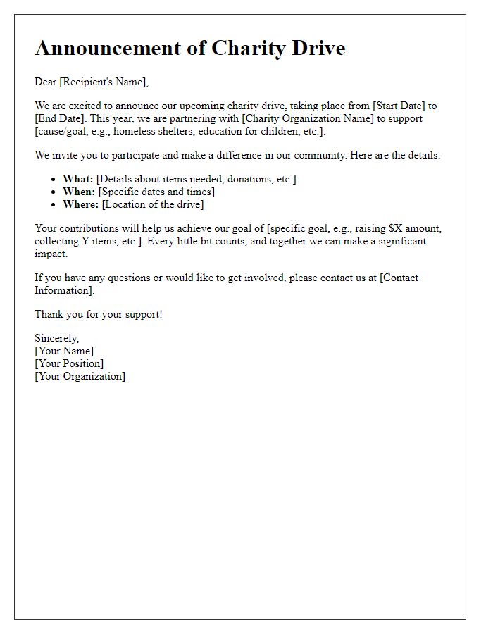 Letter template of announcing a charity drive