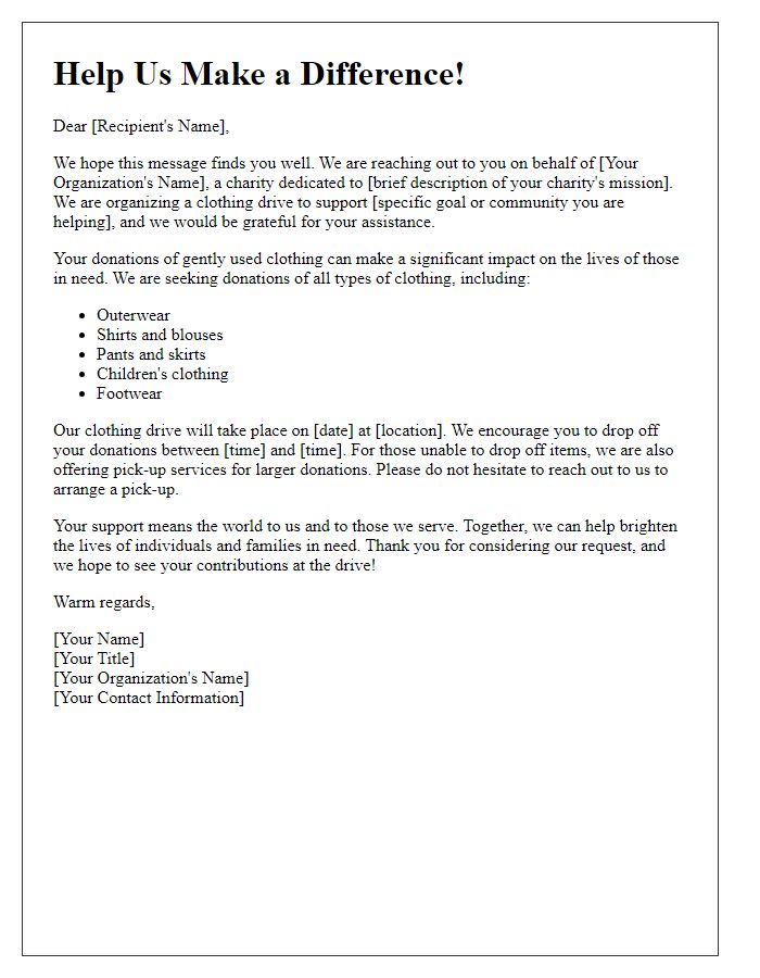 Letter template of a charity clothing drive request for donations.