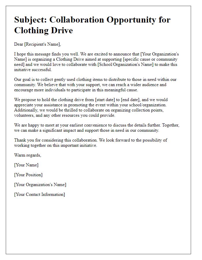 Letter template of a clothing drive collaboration with schools and organizations.