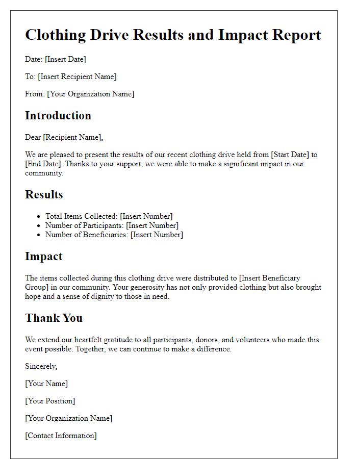 Letter template of a clothing drive results and impact report.