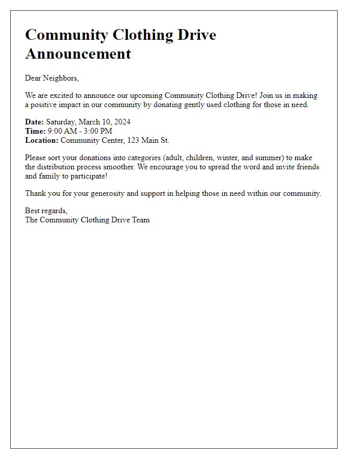 Letter template of a community-driven clothing drive announcement.