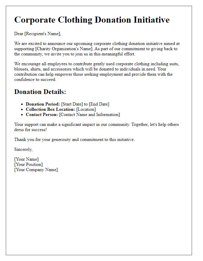 Letter template of a corporate clothing donation initiative for charity.