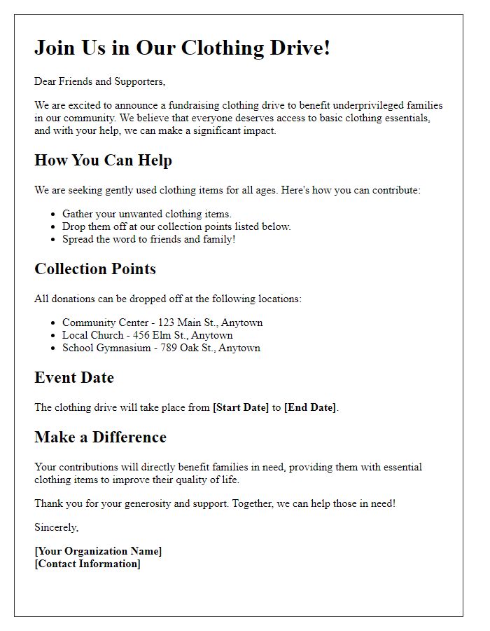 Letter template of a fundraising clothing drive for underprivileged families.