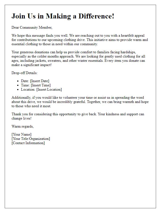 Letter template of a heartfelt appeal for contributions to a clothing drive.