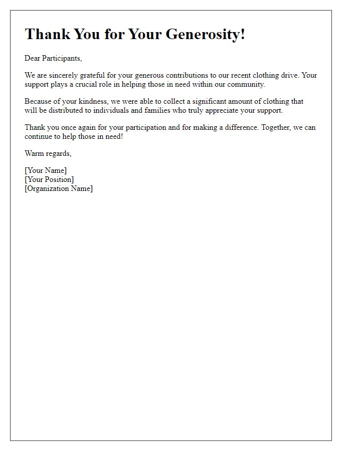 Letter template of a thank you note for clothing drive participants.