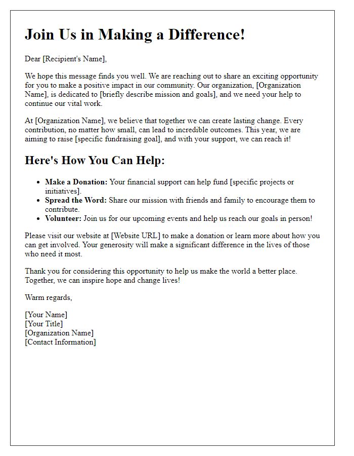 Letter template of call to action for charitable contributions