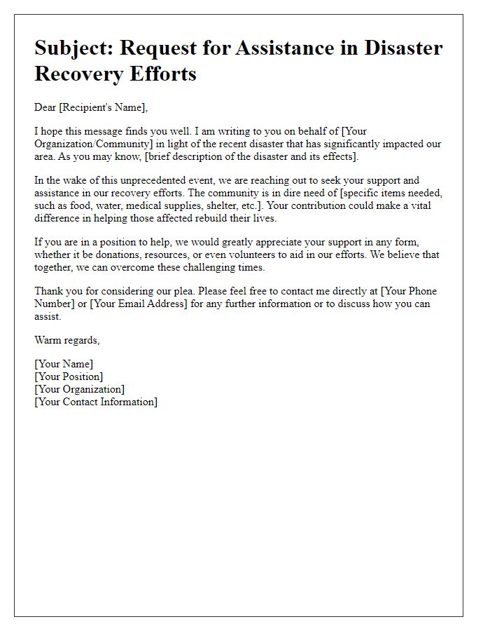 Letter template of plea for help in disaster recovery efforts