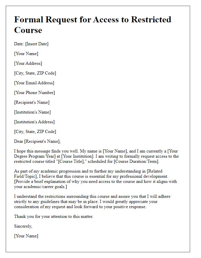 Letter template of formal request for access to restricted course