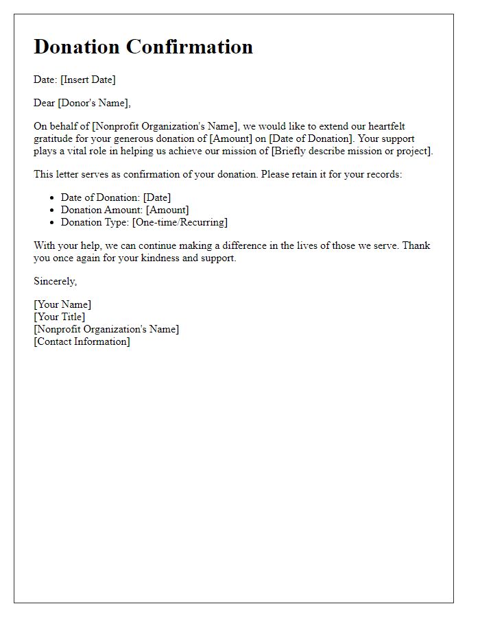 Letter template of donation confirmation for nonprofits