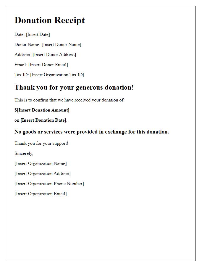 Letter template of donation receipt for tax purposes