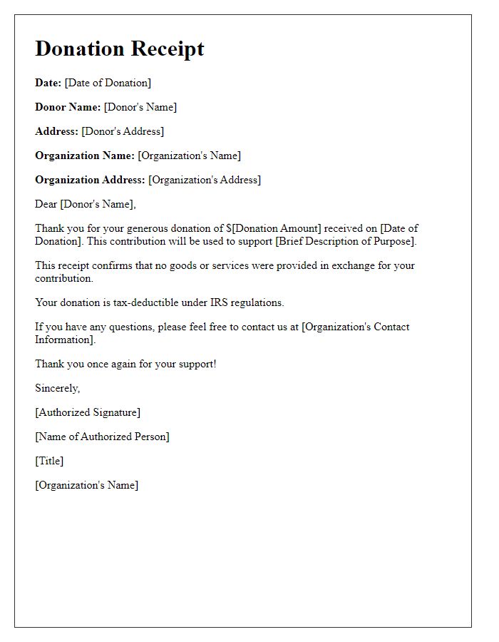 Letter template of tax-deductible donation receipt