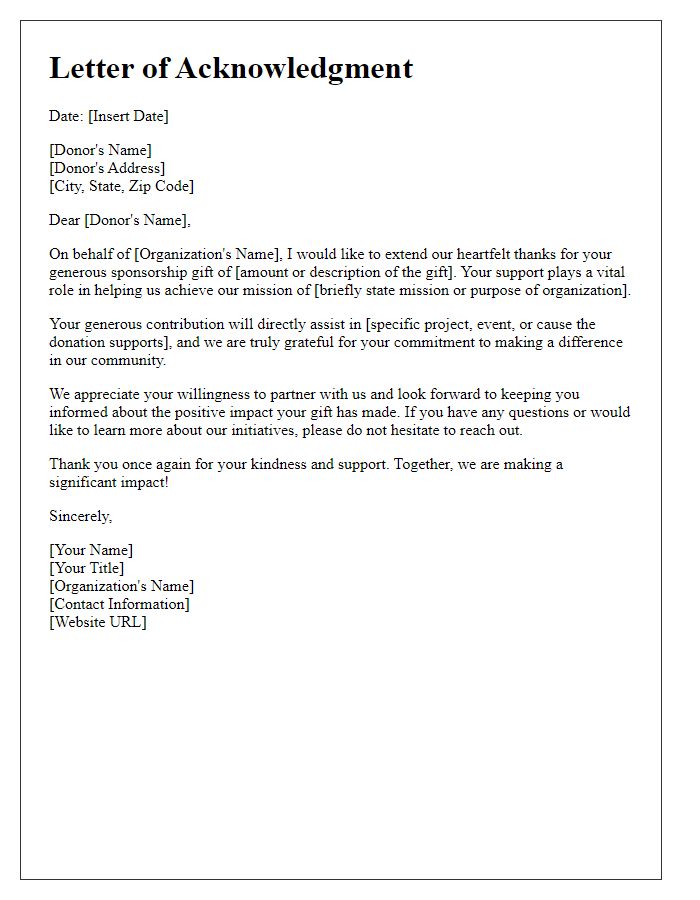 Letter template of acknowledgment for your charitable sponsorship gift