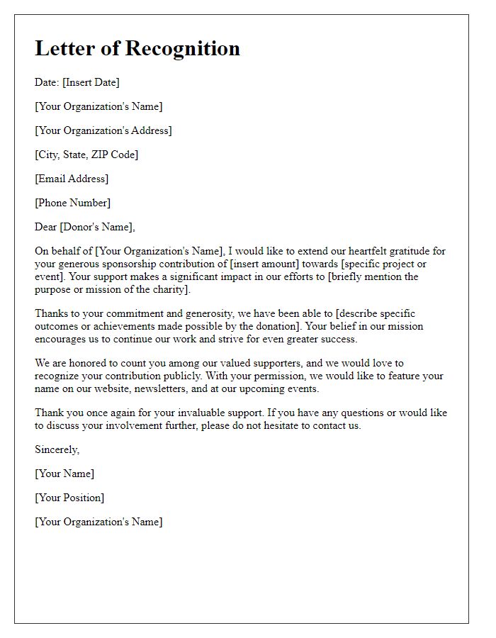 Letter template of recognition for your charity sponsorship contribution