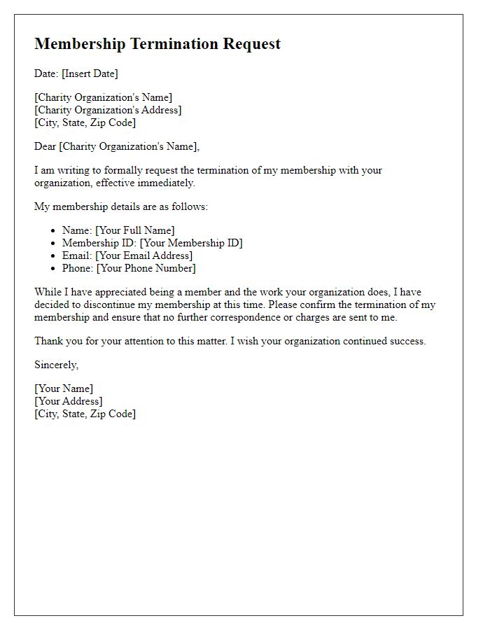 Letter template of charity membership termination request.