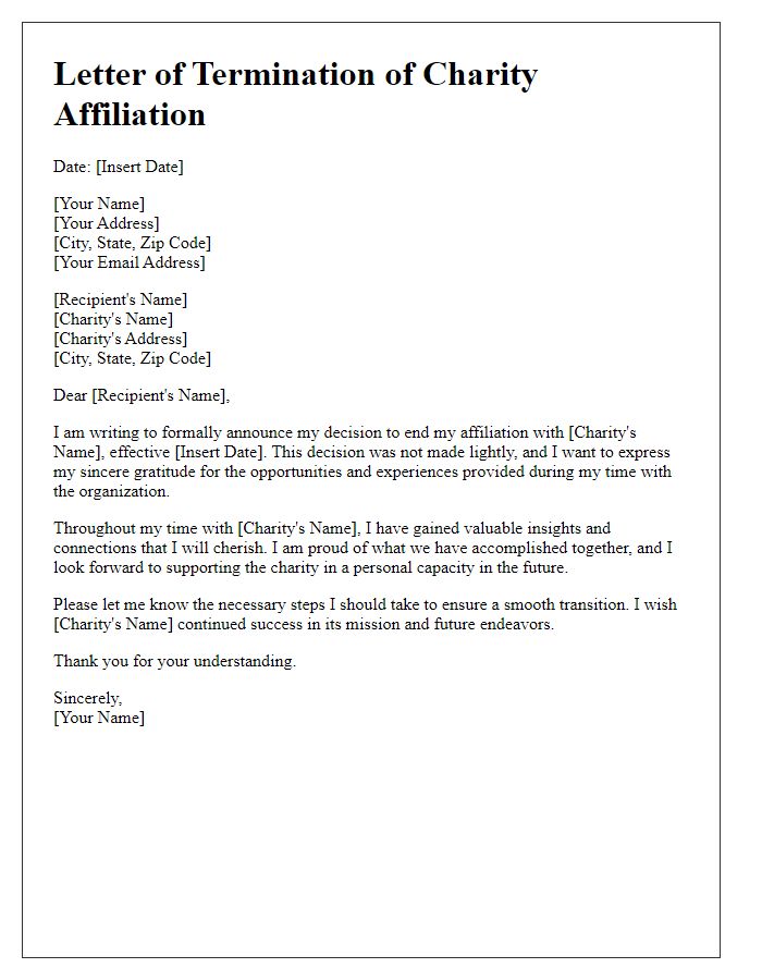 Letter template of ending charity affiliation.