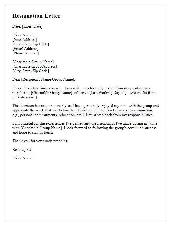 Letter template of member resignation from charitable group.