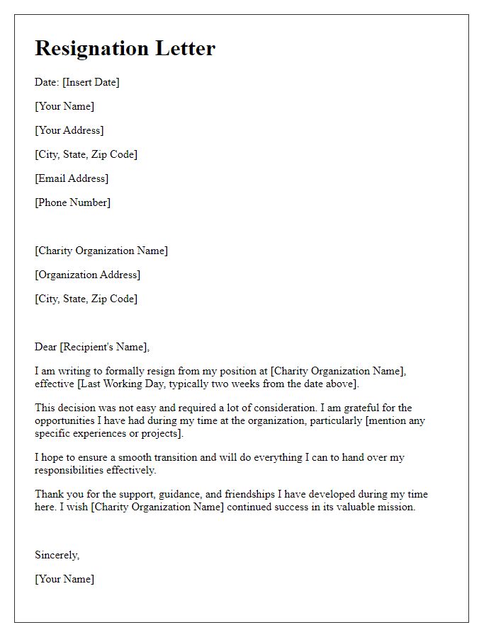 Letter template of resignation from charity organization.