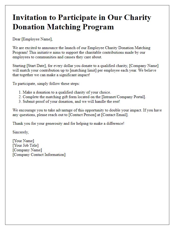 Letter template of employee charity donation matching program invitation