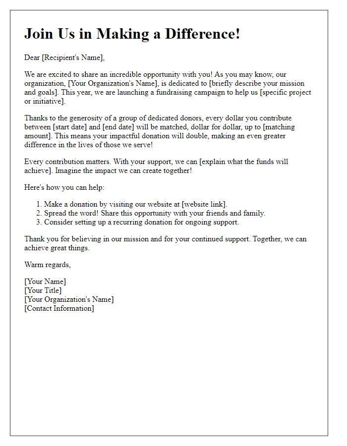 Letter template of fundraising campaign charity donation matching solicitation