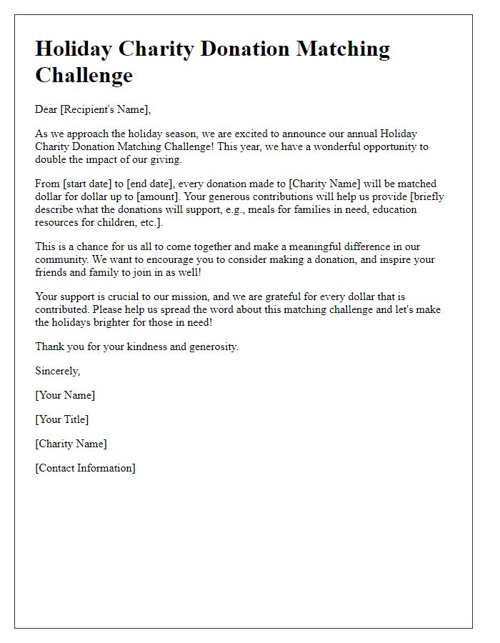 Letter template of holiday charity donation matching challenge