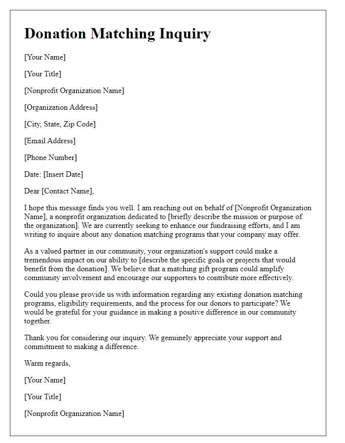 Letter template of nonprofit organization charity donation matching inquiry