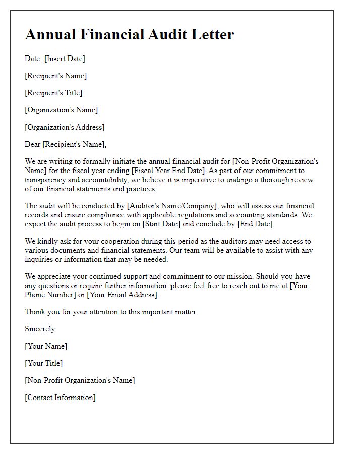 Letter template of annual financial audit for non-profit organization.