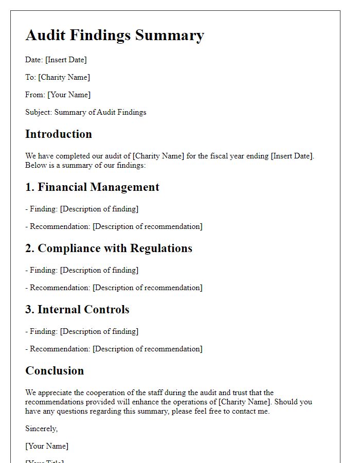 Letter template of audit findings summary for charity.