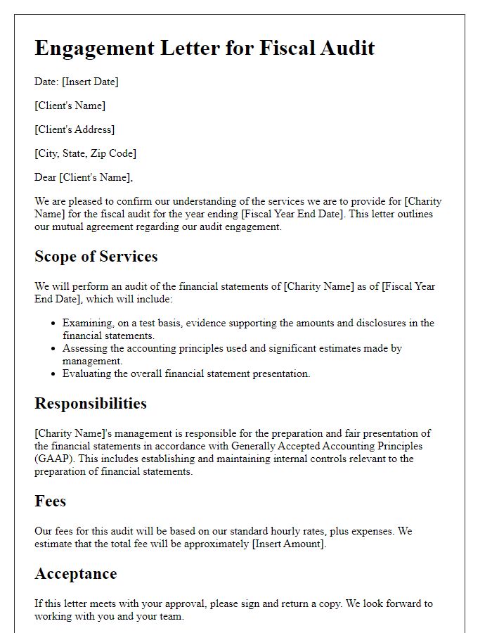 Letter template of charity fiscal audit engagement.