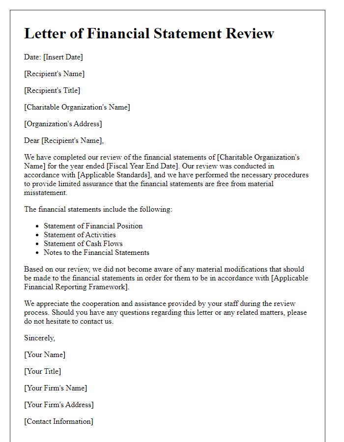 Letter template of financial statement review for charitable organization.