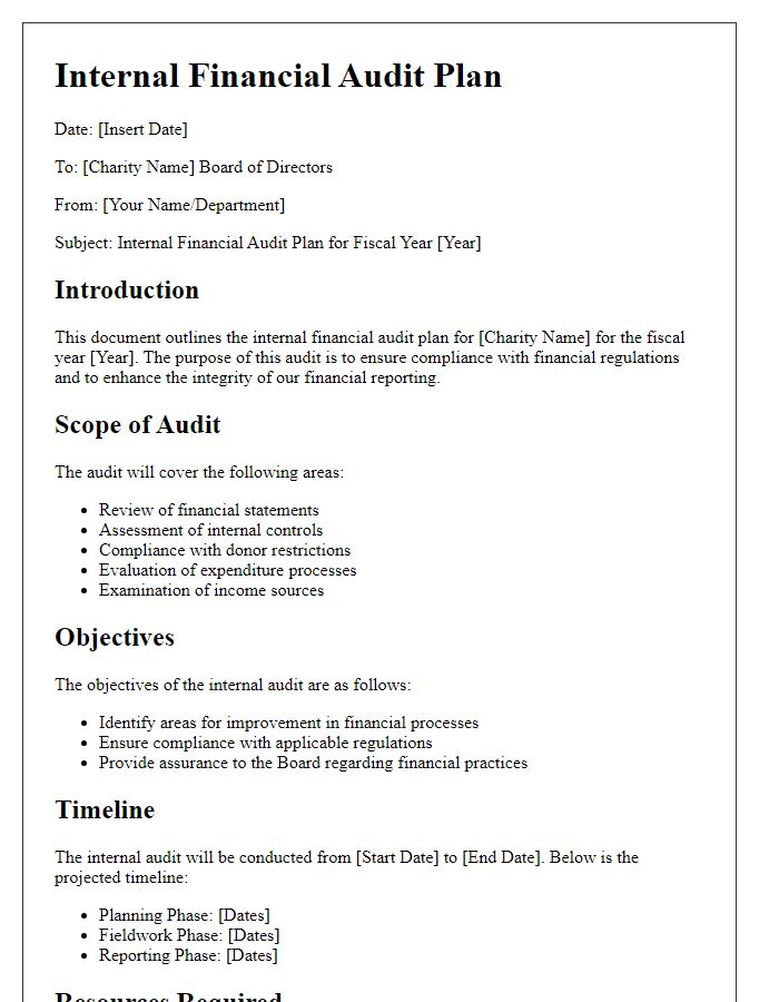 Letter template of internal financial audit plan for charities.